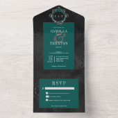 Dunkelgotische Schwarz & Aquamarine Blütensatine K All In One Einladung (Innen Boden)