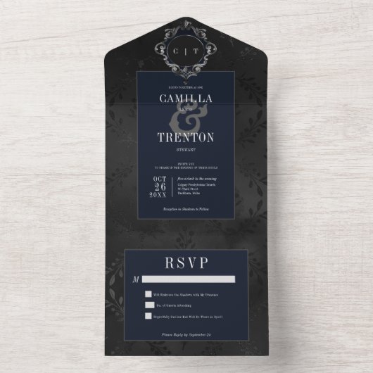 Dunkelgotische Schwarz & Blau Blumen Satin Kein Ab All In One Einladung (Innen Boden)