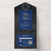 Dunkelgotische schwarz-blaue Blütensatinensatin QR All In One Einladung (Innen Boden)