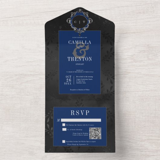 Dunkelgotische schwarz-blaue Blütensatinensatin QR All In One Einladung (Innen Boden)