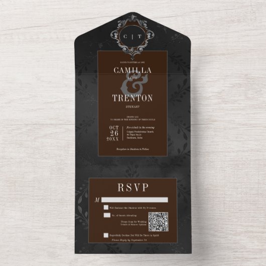 Dunkelgotische Schwarz-Braun-Blütensattel QR-Code All In One Einladung (Innen Boden)