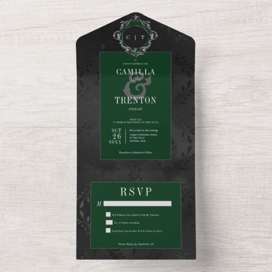 Dunkelgotische Schwarz-Grün-Blütensatine Kein Aben All In One Einladung (Innen Boden)