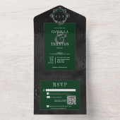 Dunkelgotische schwarz-grüne Blumenmatte QR-Code All In One Einladung (Innen Boden)