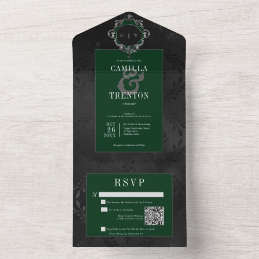 Dunkelgotische schwarz-grüne Blumenmatte QR-Code All In One Einladung (Innen Boden)