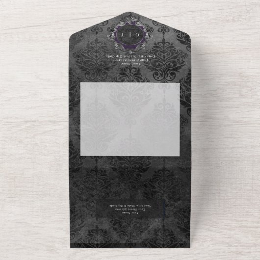 Dunkelgotische Schwarz & Lila Damaskade Abendessen All In One Einladung (Außenbereich)