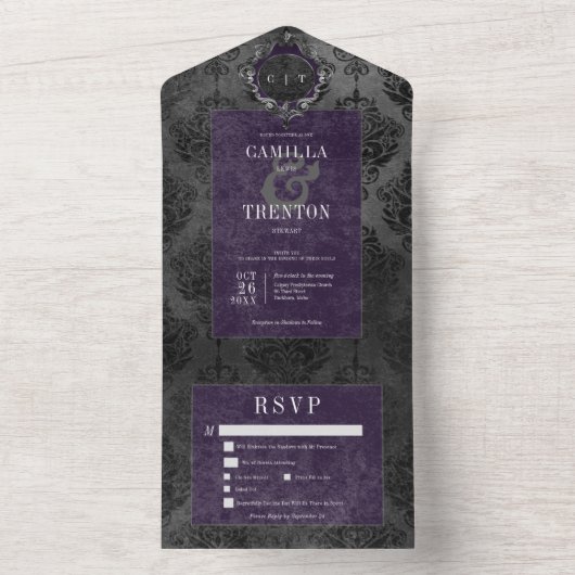 Dunkelgotische Schwarz & Lila Damaskade Abendessen All In One Einladung (Innen Boden)