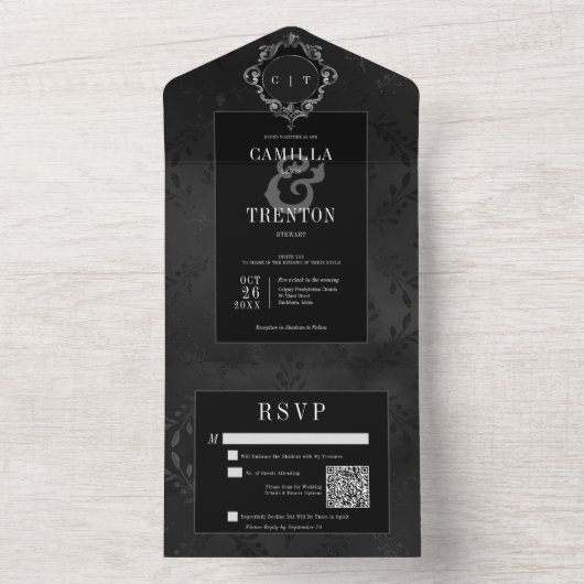 Dunkelgotische Schwarz-Schwarz-Schwarz-Flora-Satin All In One Einladung (Innen Boden)