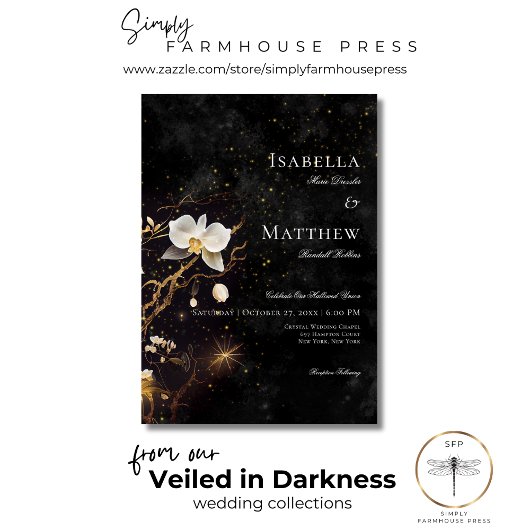 Dunkelgotische Schwarz-Weiß-Orchideen-Zauber Hochz Einladung