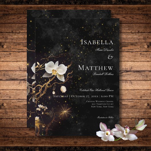 Dunkelgotische Schwarz-Weiß-Orchideen-Zauber Hochz Einladung