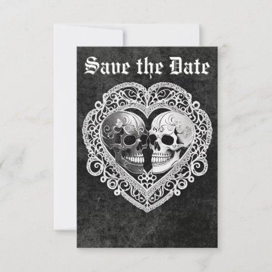 Dunkelgotische Schwarz-Weiß-Schädelkugel Herz Save The Date (Vorderseite)