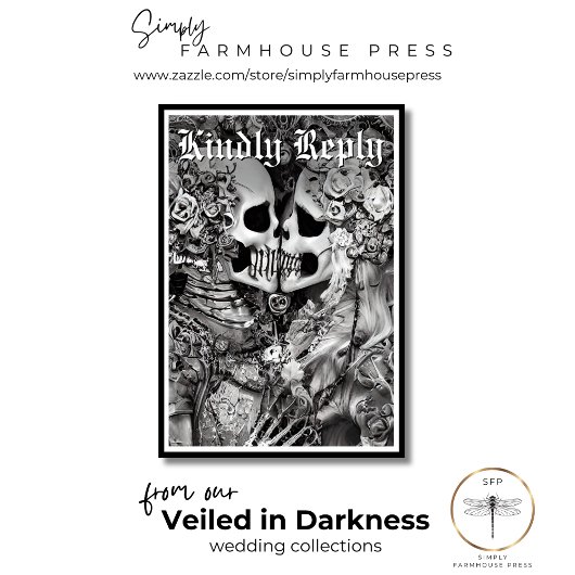 Dunkelgotische Schwarz-Weiß-Skelett QR-Code RSVP Karte