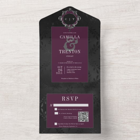 Dunkelgotische Schwarze Wine Blumenstrauß QR-Code All In One Einladung (Innen Boden)