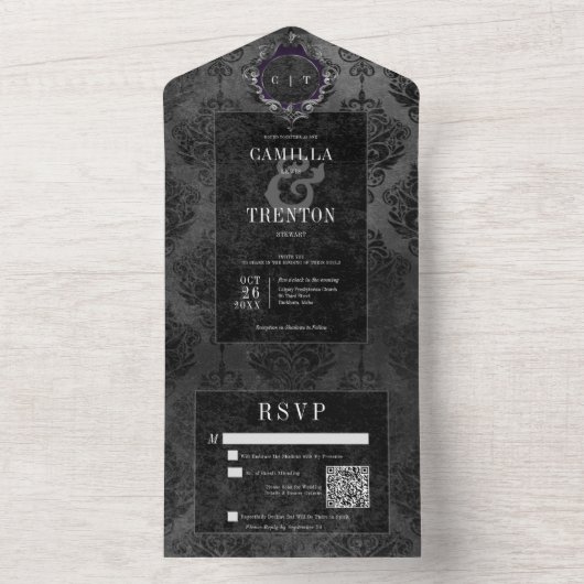 Dunkelgotischer schwarzer Damast QR-Code All In One Einladung (Innen Boden)