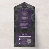 Dunkelgotischer schwarzer und Lila Damast QR-Code All In One Einladung (Innen Boden)