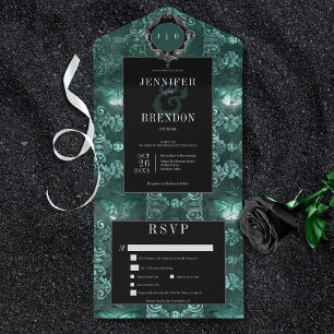 Dunkelgotisches Teal- und Schwarzes Vintage-Motten All In One Einladung
