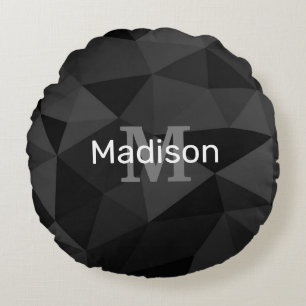 Dunkelgrau, geometrisches Maschenmuster Monogram Rundes Kissen