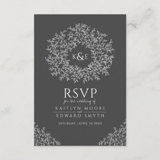 Dunkelgrau gezeichnet Blatt-Monogramm-UAWG Hochzei Begleitkarte (Vorderseite)