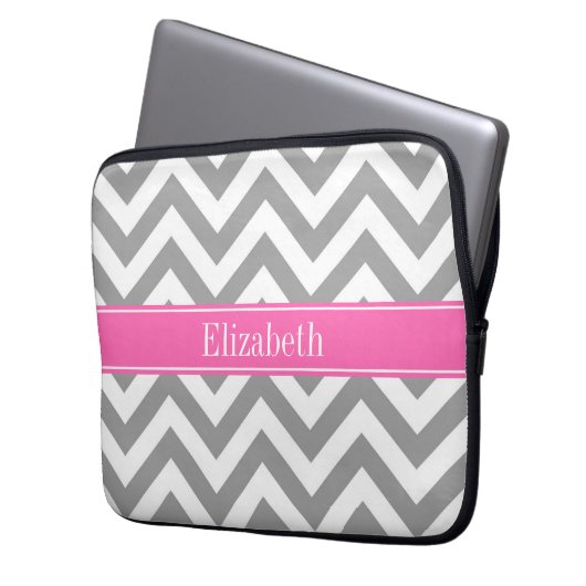 Dunkelgrau Lg Zickzack Hot Pink #2 Name Monogram Laptopschutzhülle (Vorderseite Links)