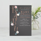Dunkelgrau Moderne Blumenbaby-DuschTypografie Einladung (Stehend Vorderseite)