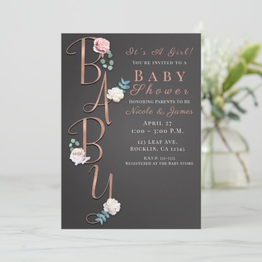 Dunkelgrau Moderne Blumenbaby-DuschTypografie Einladung (Stehend Vorderseite)