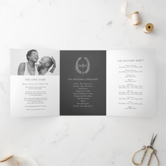 Dunkelgrau-Monogramm-Kranz-Geschichte Widmung Hoch Dreifach-gefaltete Programmkarte (Innenseite)