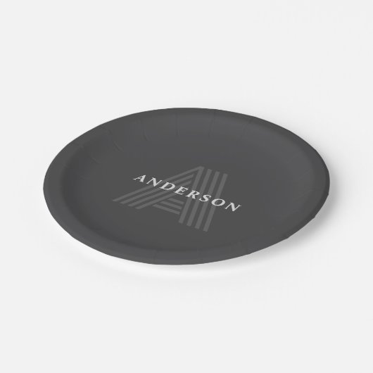 Dunkelgrau Retro Moderner Mit Monogramm Name Pappteller (Schrägansicht)