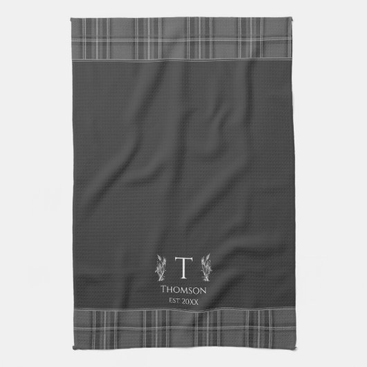 Dunkelgrau Tartan Custom Monogram Charcoal Grau Geschirrtuch (Vertikal)