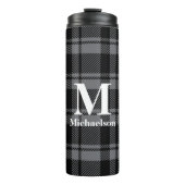 Dunkelgrau und Schwarz Kariert mit Monogrammname Thermosbecher (Vorderseite)