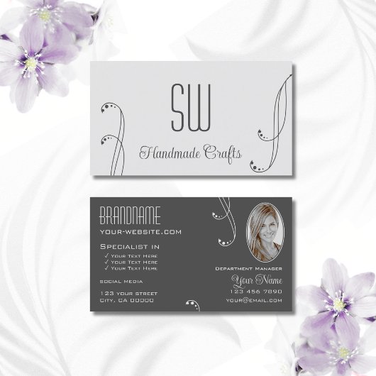 Dunkelgrau Verziert mit Monogramm und Foto Visitenkarte