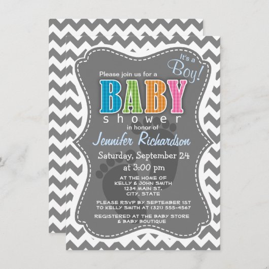 Dunkelgrau Zickzack; Zickzag Einladung (Vorne/Hinten)