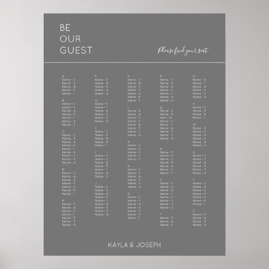 Dunkelgraue Alphabetische Hochzeitstabelle Poster (Vorne)