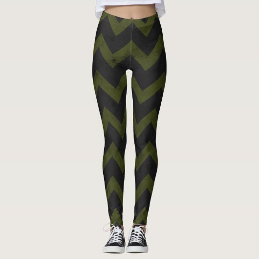 Dunkelgraue Armee grün Vintag Zickzack Leggings (Vorderseite)