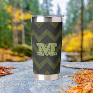 Dunkelgraue Armeegrün vintage Chevron Monogramm Thermobecher