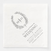 Dunkelgraue Blatt-Oval-Kranz-Monogramm-Kunsthochze Serviette (Vorderseite)