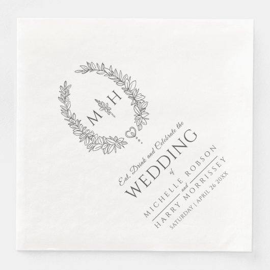 Dunkelgraue Blatt-Oval-Kranz-Monogramm-Kunsthochze Serviette (Vorderseite)