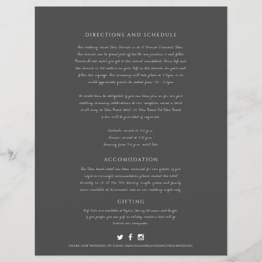 Dunkelgraue Blätter Hochzeitsgast-Informationen (Rückseite)