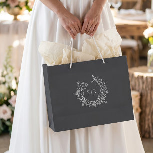 Dunkelgraue botanische Monogramm-Hochzeitsbegrüßun Große Geschenktüte