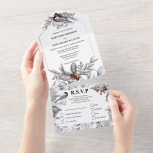 Dunkelgraue braune Waldvögel Hochzeit All In One Einladung