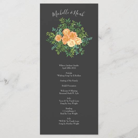 Dunkelgraue Peach Wedding Modern Floral Menükarte (Vorderseite)