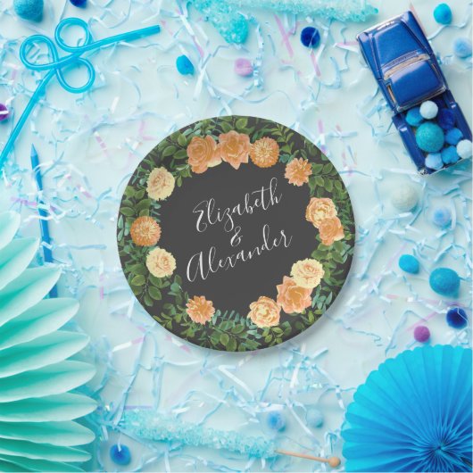 Dunkelgraue Peach Wedding Modern Floral Pappteller (Party)