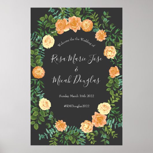 Dunkelgraue Peach Wedding Modern Floral Poster (Vorne)