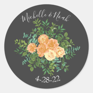 Dunkelgraue Peach Wedding Modern Floral Runder Aufkleber