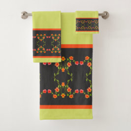 Dunkelgraue Pinks und orangefarbene Blüten Badhandtuch Set