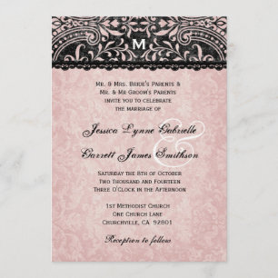 Dunkelgraue und rosa Vintage Damask Wedding FELT V Einladung