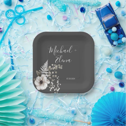 Dunkelgraue und weiße Blütenhochzeit Pappteller (Party)