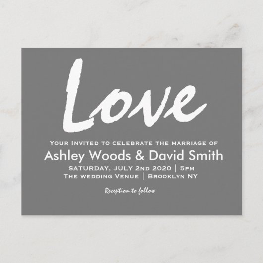 Dunkelgraue und weiße moderne Skripteinladung Einladungspostkarte (Vorderseite)
