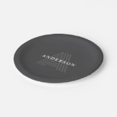 Dunkelgrauer Retro-Modern Monogramm-Name Pappteller (Schrägansicht)