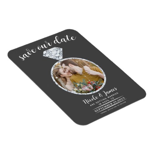 Dunkelgraues Diamantring-Bling-Foto Save the Date Magnet (Rechte Seite)