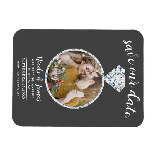 Dunkelgraues Diamantring-Bling-Foto Save the Date Magnet (Horizontal)