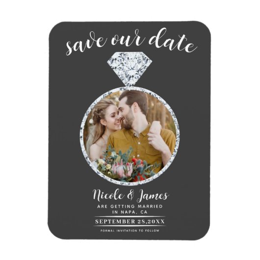 Dunkelgraues Diamantring-Bling-Foto Save the Date Magnet (Vertikal)